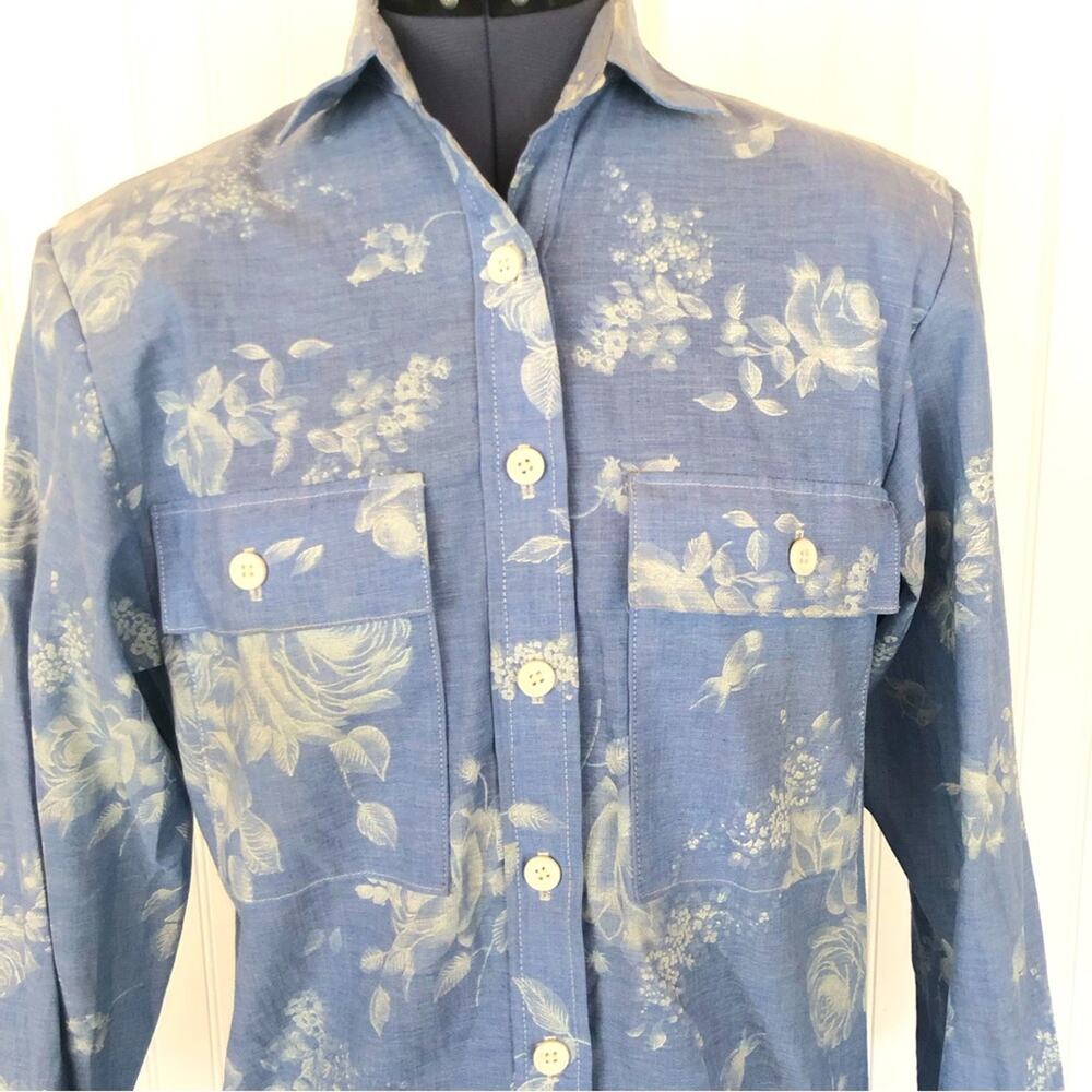 Vintage Light Blue and White Floral Button Down Top Blouse Linen Woven Roses